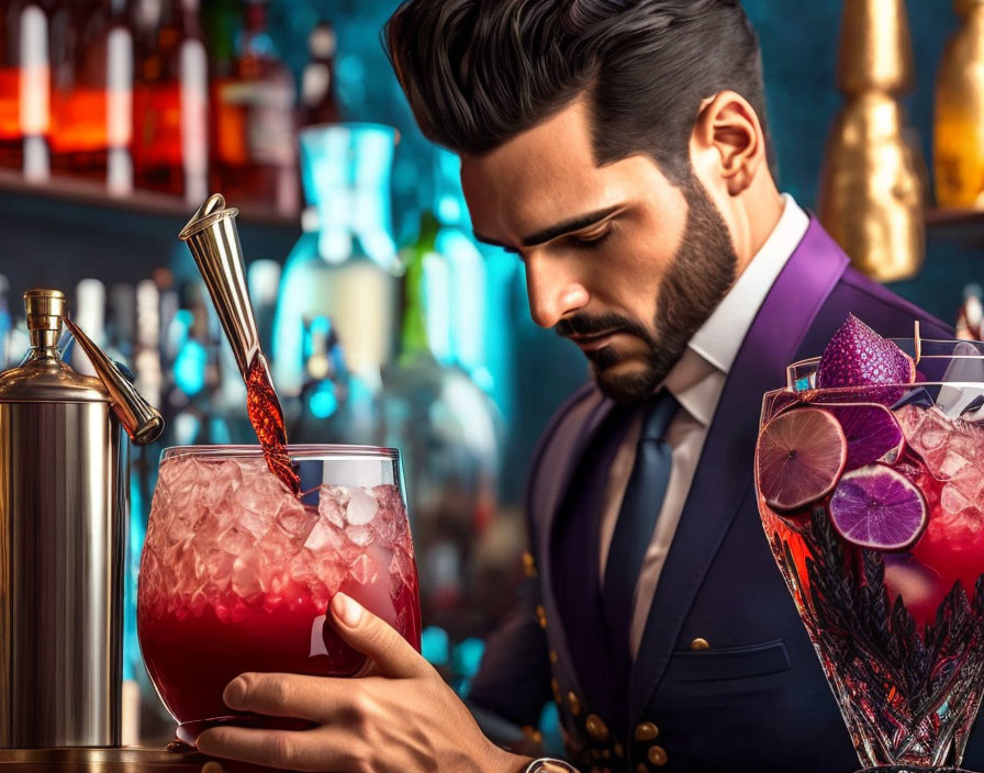 Elegant man in suit pouring cocktail at well-stocked bar