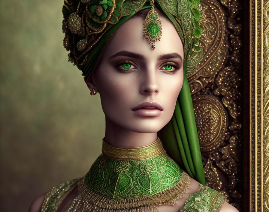 Woman with Striking Green Eyes in Elaborate Green and Gold Headgear Poses Beside Orn