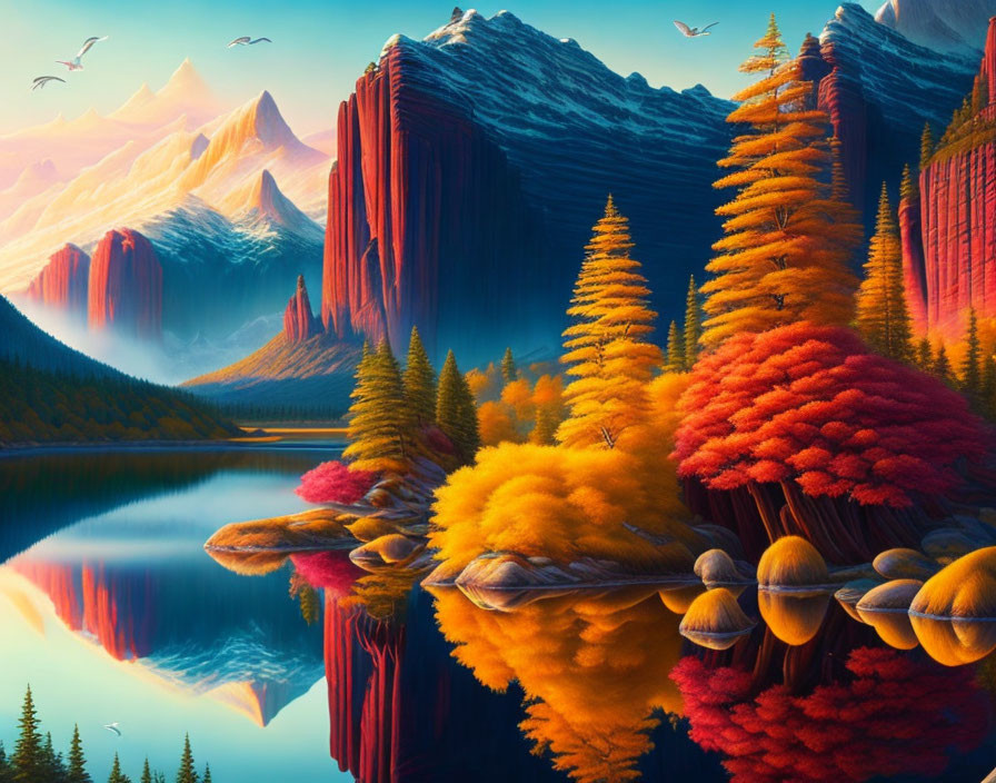 Colorful autumn landscape with trees, lake, mountains, and birds