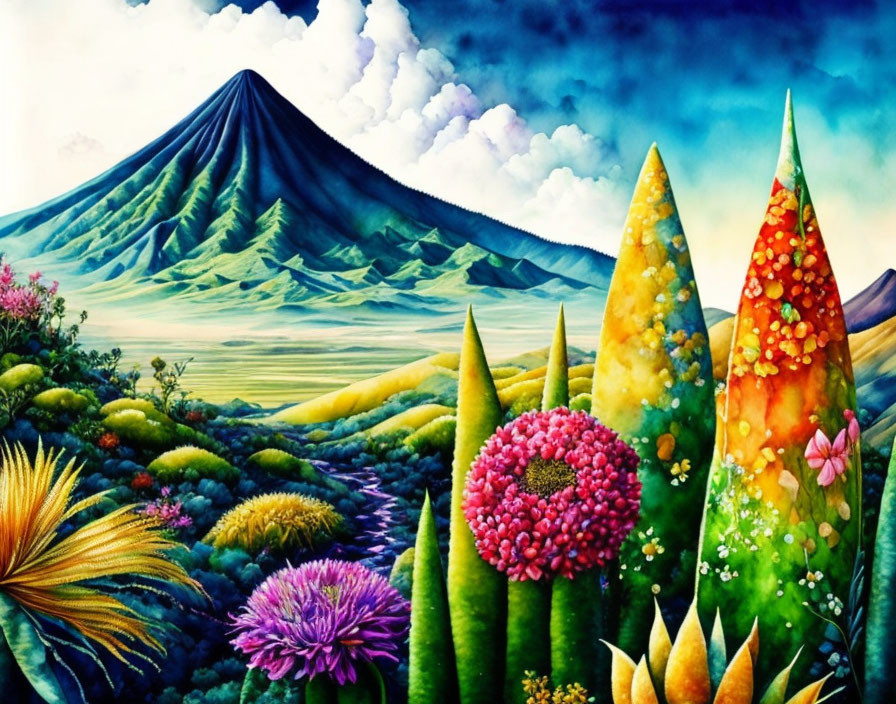 Colorful Mountain Landscape with Oversized Flowers and Greenery