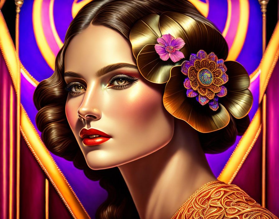 Illustration of woman with glossy waves, ornate jewelry, golden dress, and flower in hair on