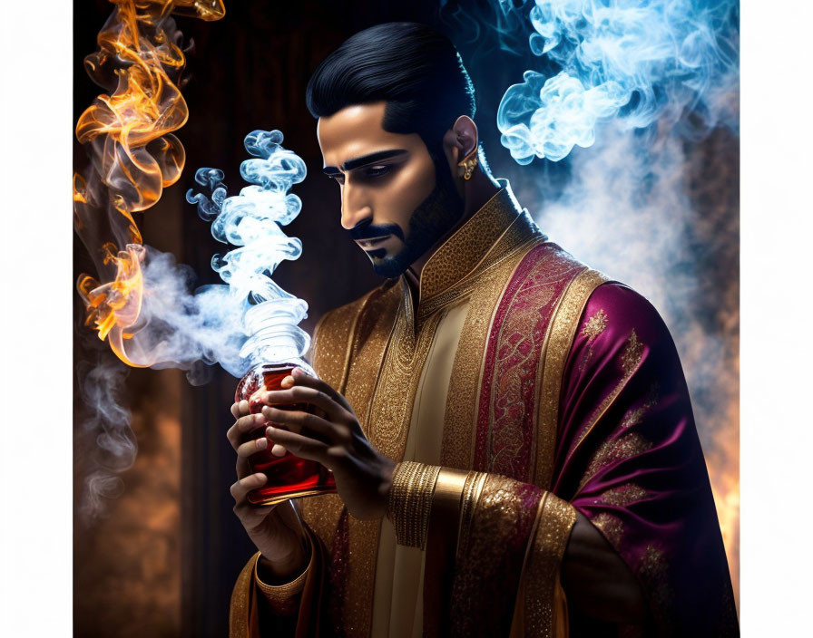 Illustrated man in traditional attire with mystical container emitting blue and orange smoke