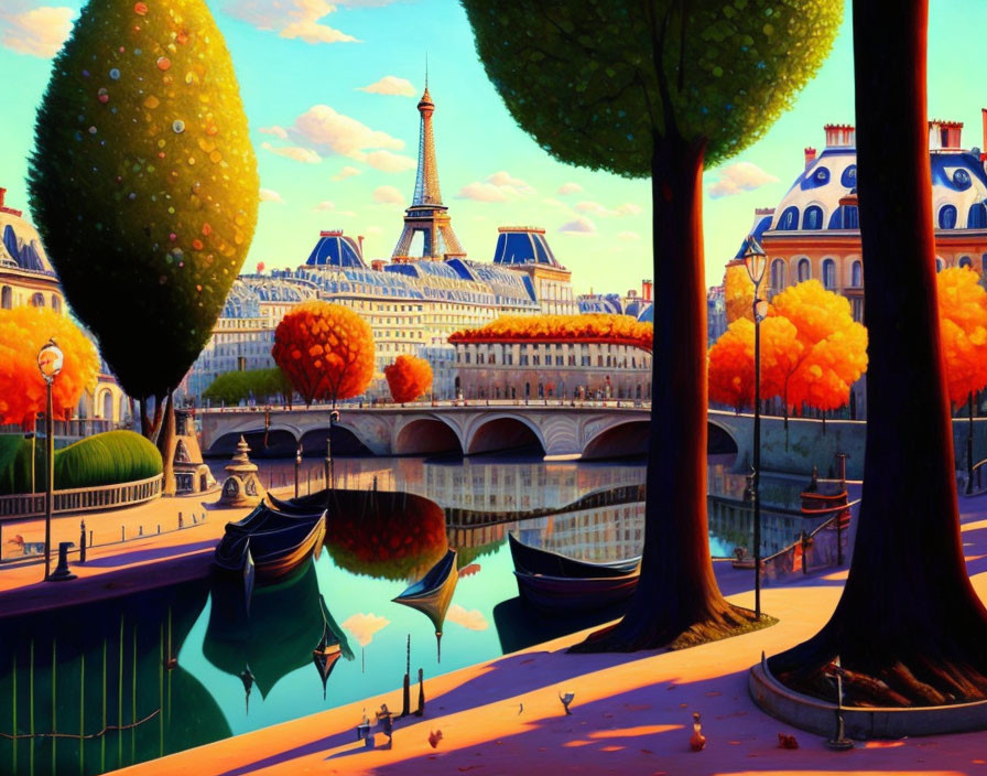 Vibrant Paris scene with Eiffel Tower, colorful trees, river, and gondolas