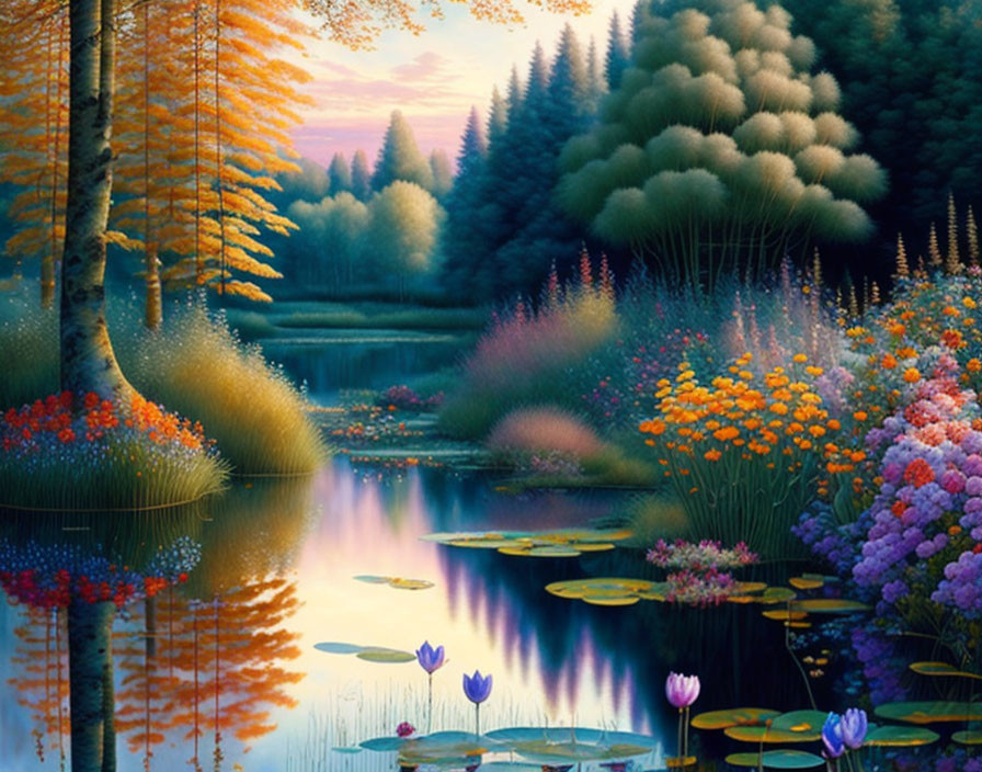 Serene lake painting with colorful foliage and sunset reflections