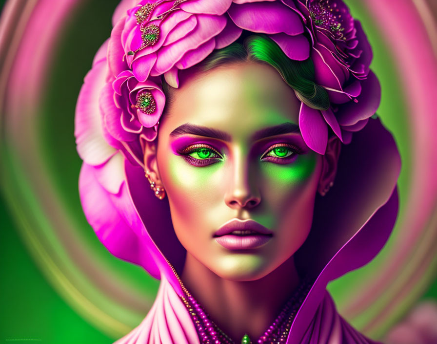 Colorful digital portrait: Woman with green eyes, pink floral headpiece, glowing skin, swirling background