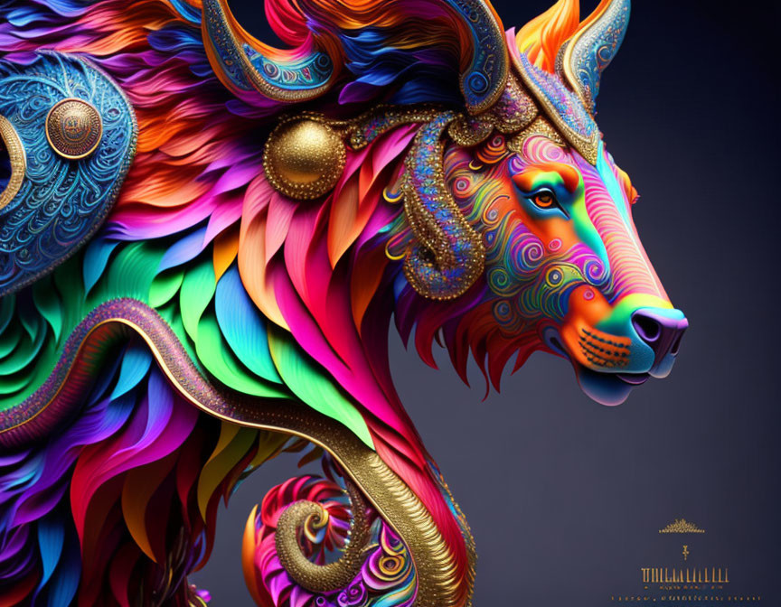 Stylized lion digital art with vibrant colors & intricate patterns