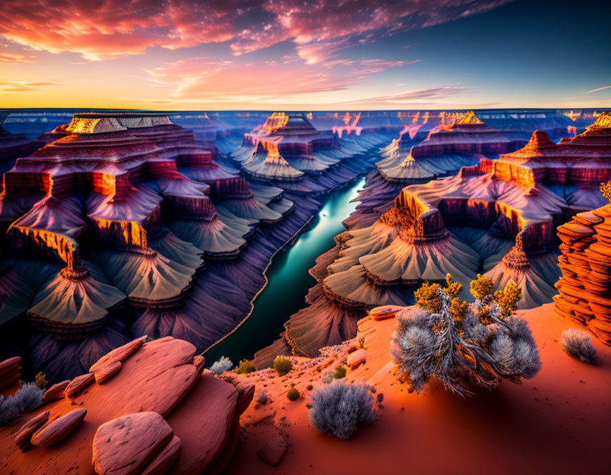 Desert landscape with layered rock formations and winding river at sunset