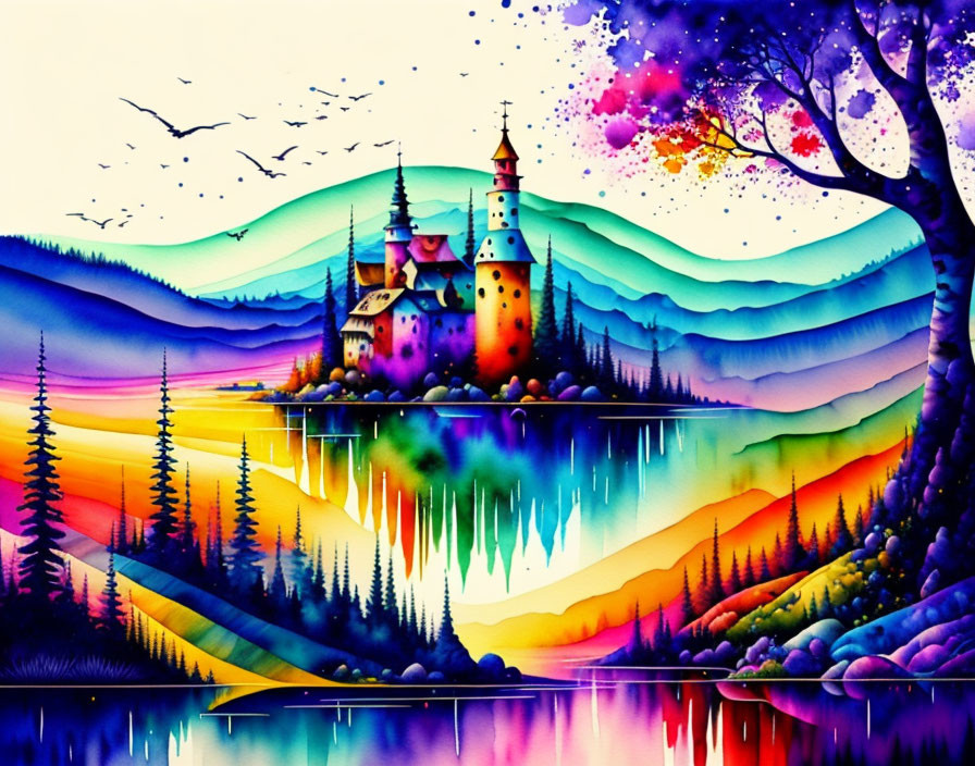 Colorful painting: Whimsical castle, trees, mountains, water reflection, sunset sky