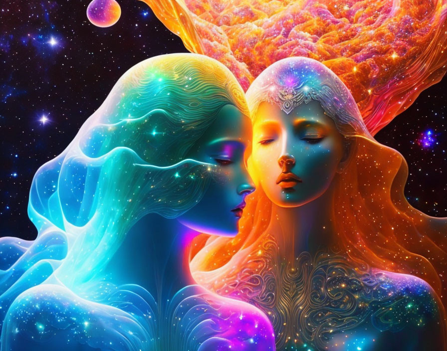 Ethereal beings in cosmic digital artwork