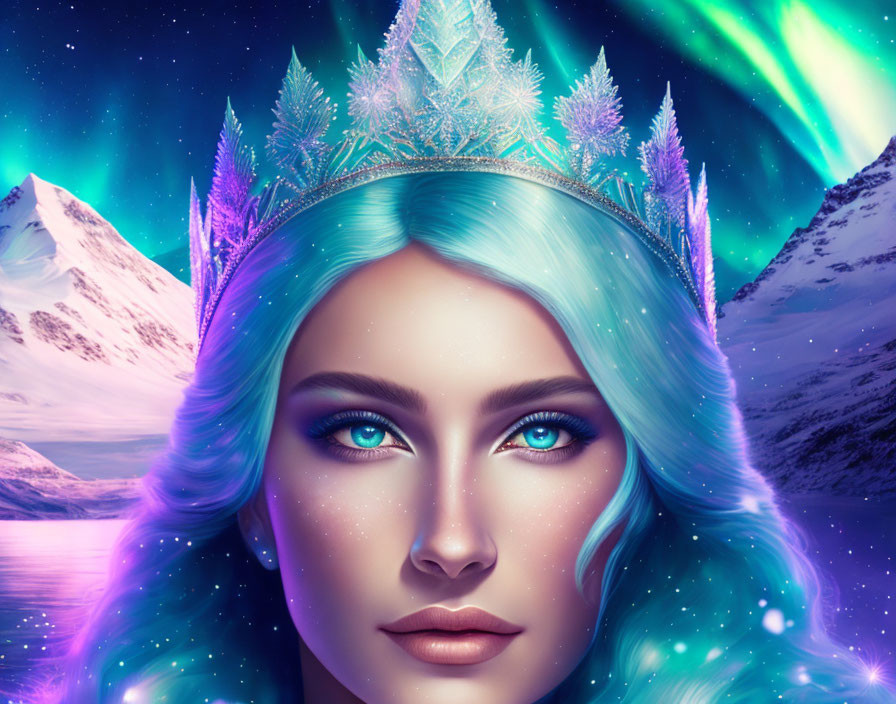 Digital Artwork: Woman with Blue Hair and Ice Crown in Northern Lights & Mountains