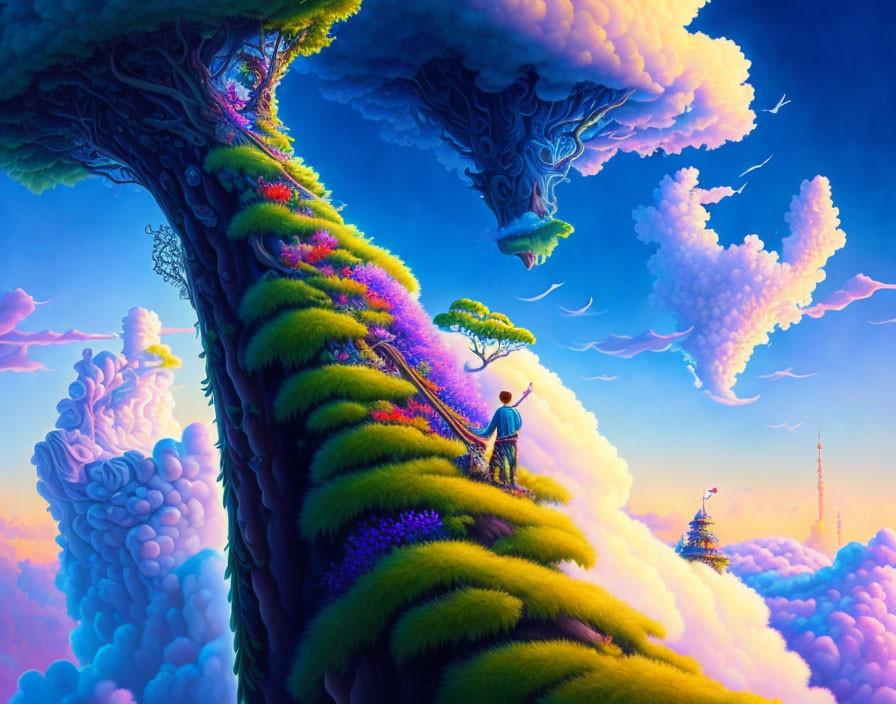 Colorful fantasy landscape with person on mossy path overlooking floating islands and whimsical trees.