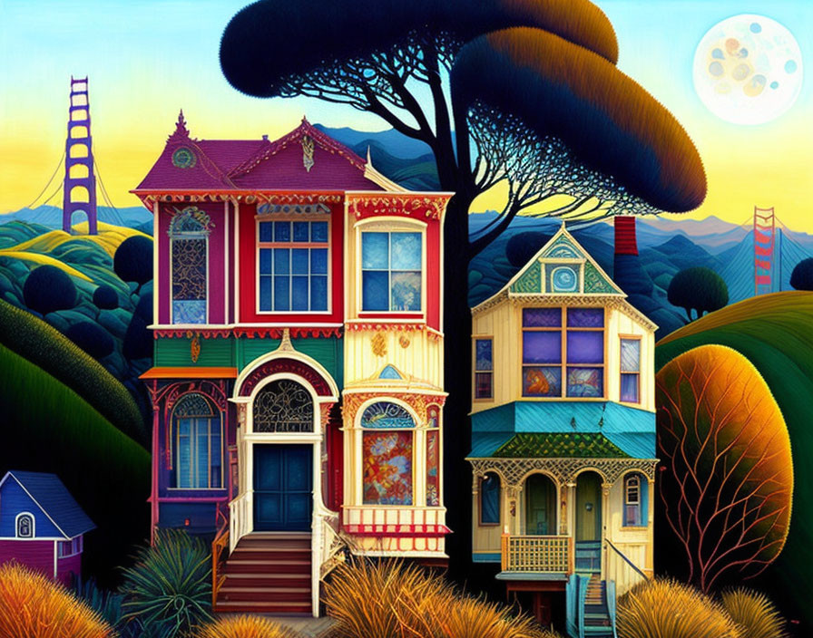 Colorful painting of Victorian houses with Golden Gate Bridge backdrop