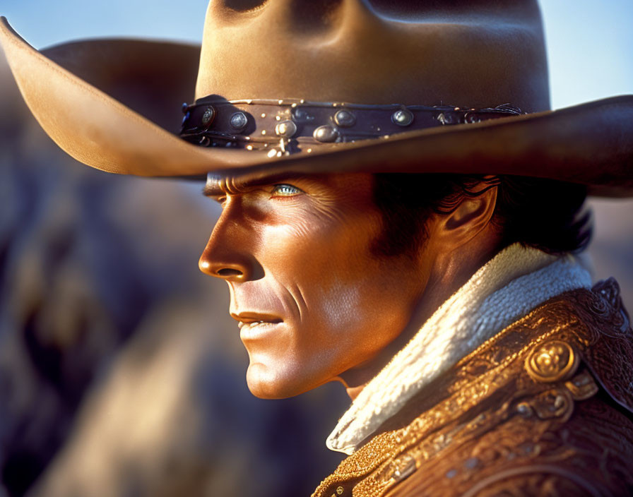 Stylized 3D-rendered cowboy with wide-brimmed hat and leather detailing