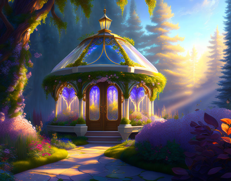 Enchanting gazebo with flowers and lights in magical forest clearing at dawn