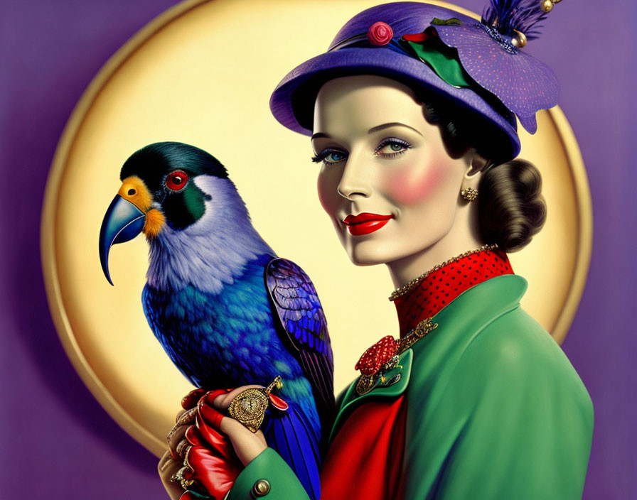 Vintage-style illustration of elegant woman in green outfit with parrot.