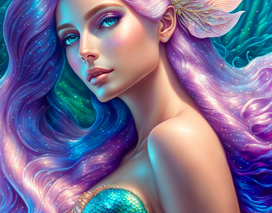 Fantastical portrait of female character with blue and purple hair and iridescent skin