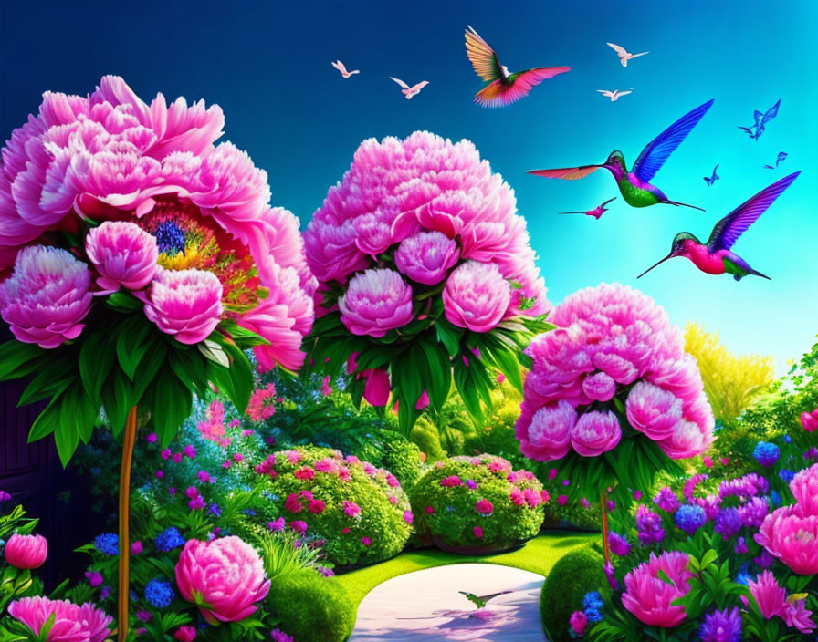 Vibrant garden scene with pink peonies, flowers, foliage, hummingbirds, and butterflies