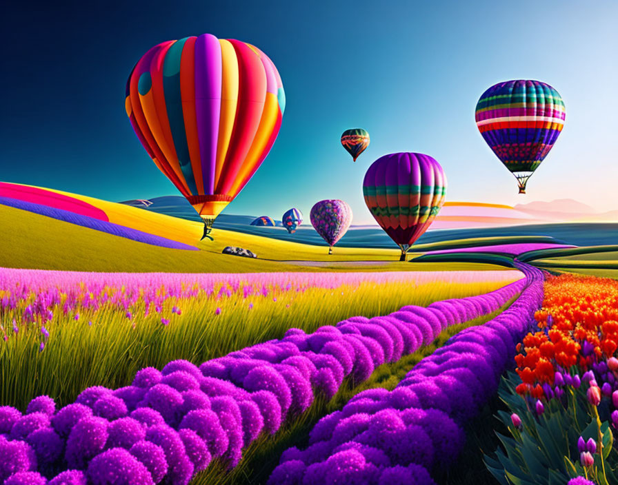 Vibrant hot air balloons over colorful landscape with flower fields