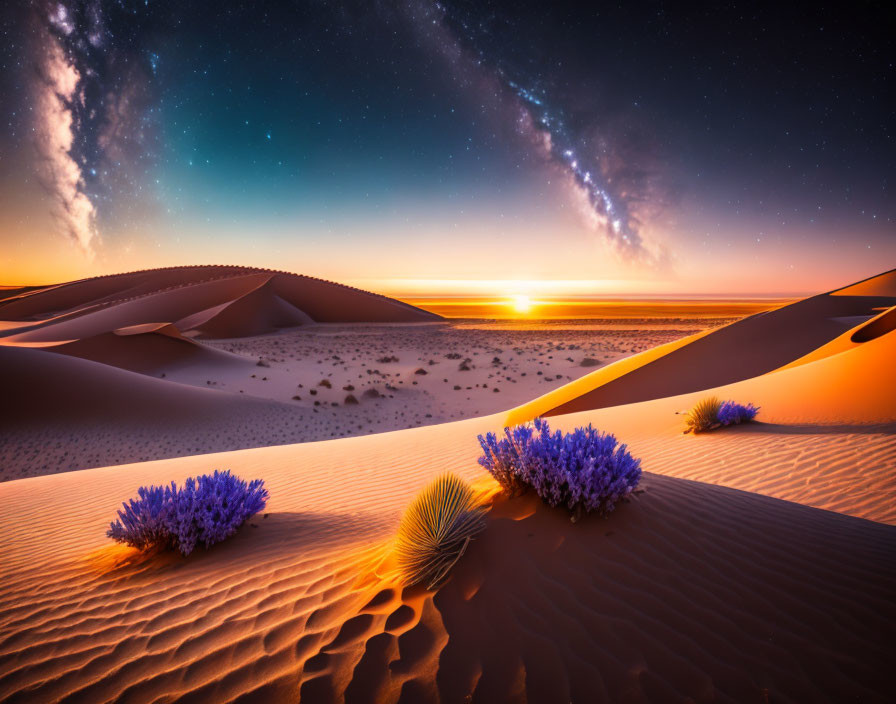 Vibrant desert sunset with purple flowers and starlit sky