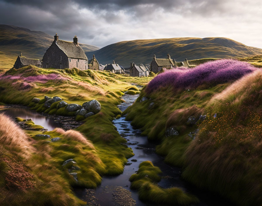 Traditional Stone Cottages in Rural Landscape with Rolling Green Hills and Purple Heather under Dramatic Sky