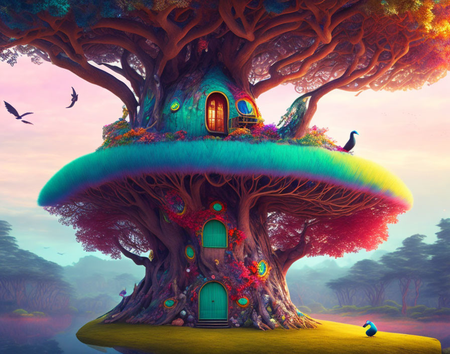 Colorful Treehouse Illustration with Round Doors and Flying Birds