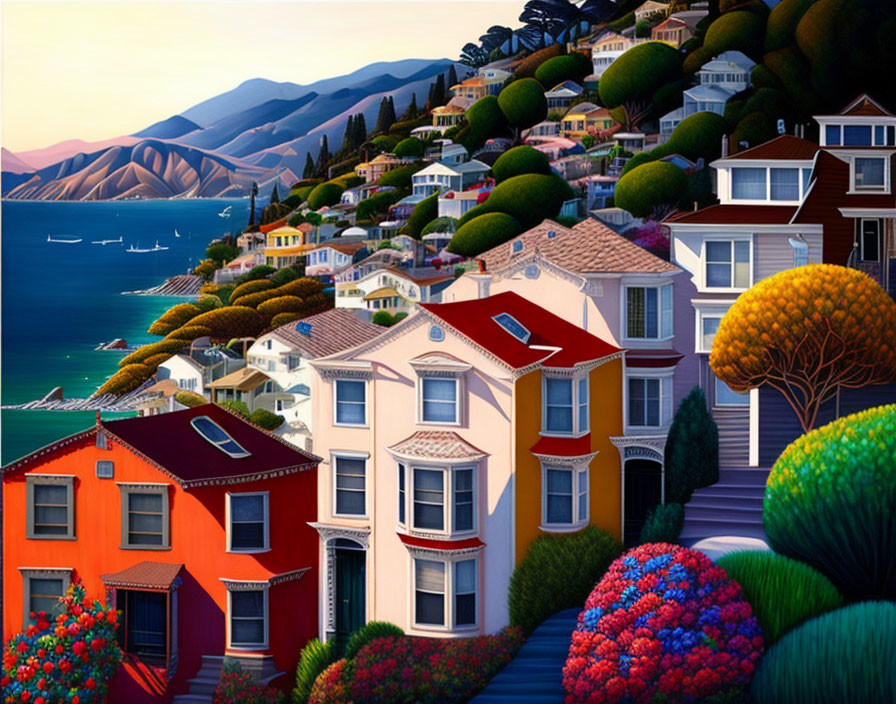 Vibrant houses on hill with bay, boats, and rolling hills