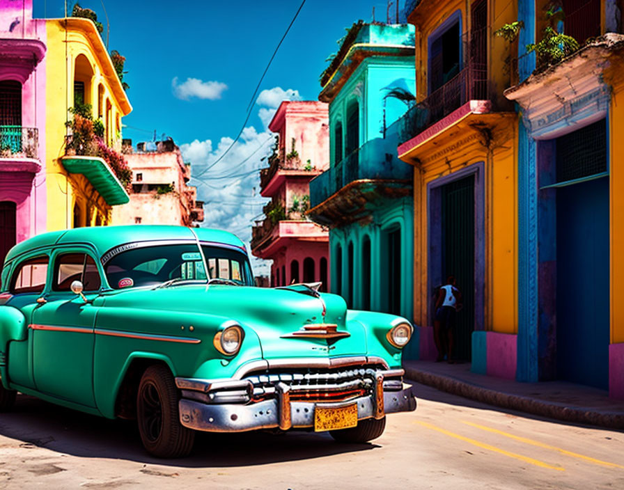 Colorful Colonial Buildings and Turquoise Car in Vibrant Street Scene