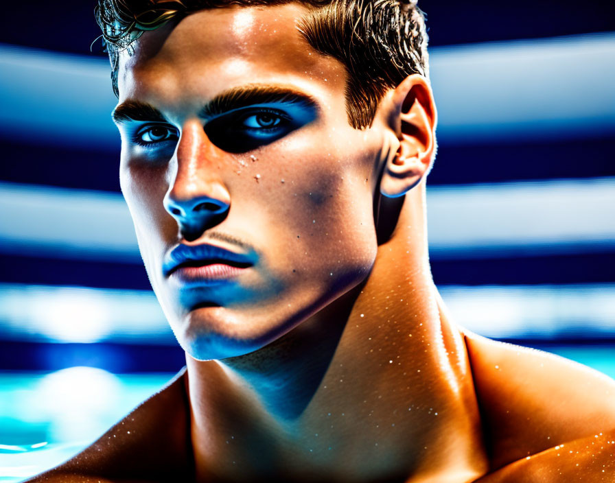 Young male swimmer with water droplets on face in blurred blue background.