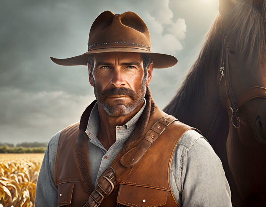 Man with mustache in cowboy hat and vest by horse in golden field.