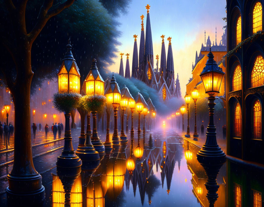 Enchanting evening cityscape with wet cobblestones and gothic spires