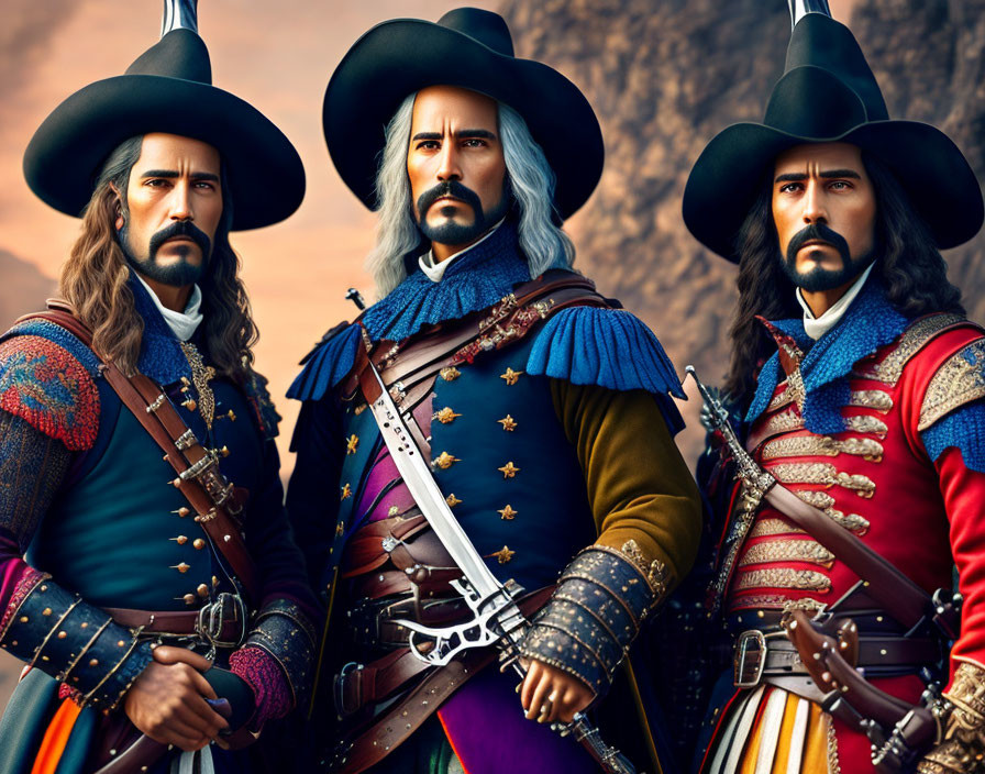 Three animated musketeers in 17th-century attire against mountain backdrop