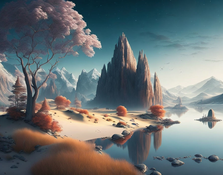 Tranquil landscape with pink trees, rocks, and starlit sky