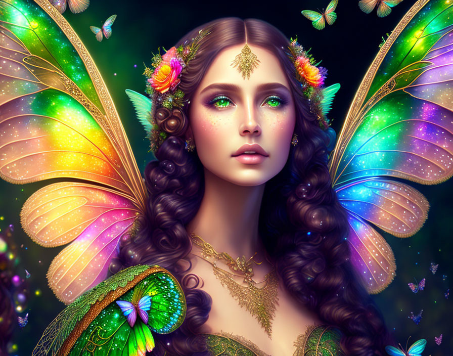 Portrait of woman with butterfly wings, colorful butterflies, jewelry, and floral crown