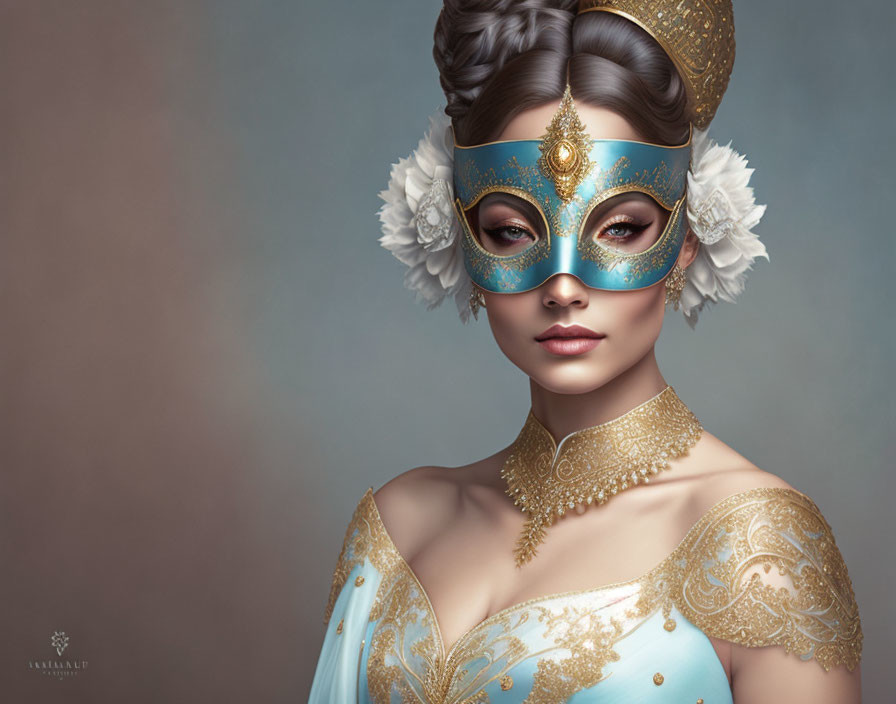 Woman in Blue and Gold Masquerade Mask and Outfit with Feathers