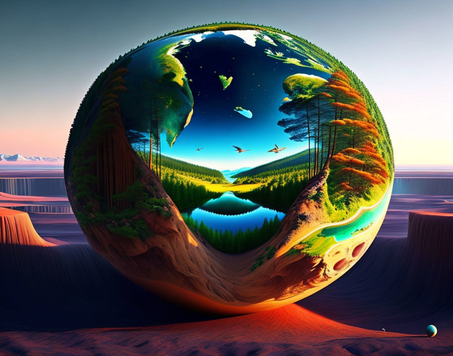 Surreal circular landscape with forests, mountains, lake, birds in outerworldly sphere at sunset