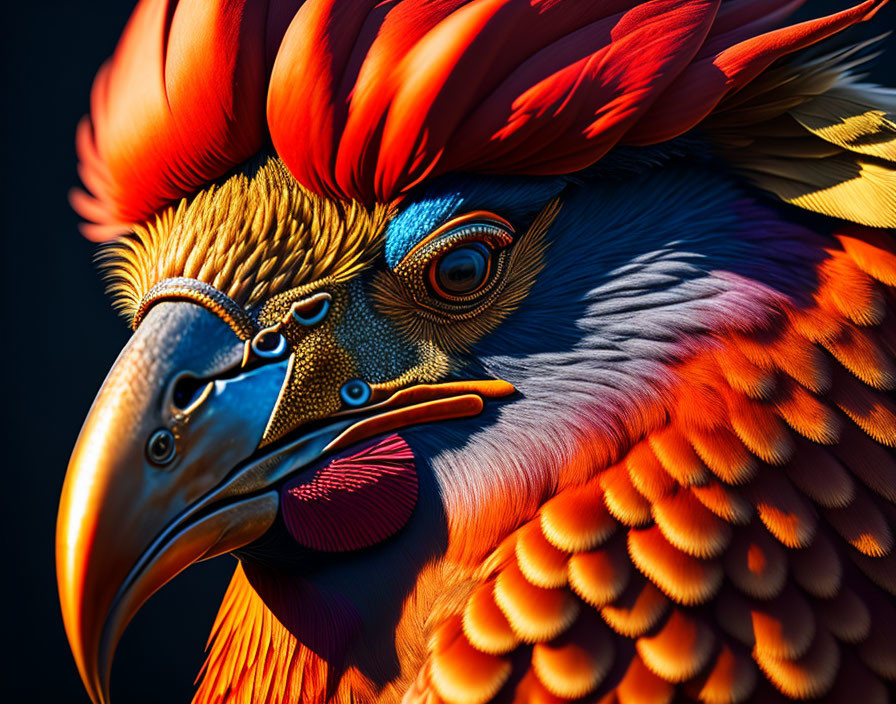 Vibrant red, orange, and yellow bird feathers on dark background