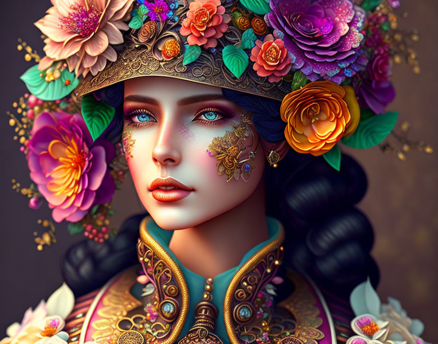 Digital portrait of woman with blue eyes in floral headdress, intricate makeup & ornate clothing