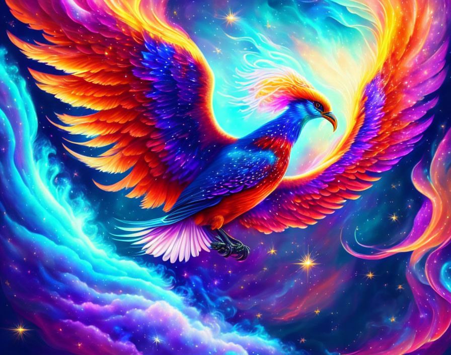 Mythical phoenix illustration soaring in colorful nebula