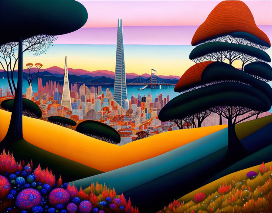 Colorful cityscape with rolling hills and futuristic tower.