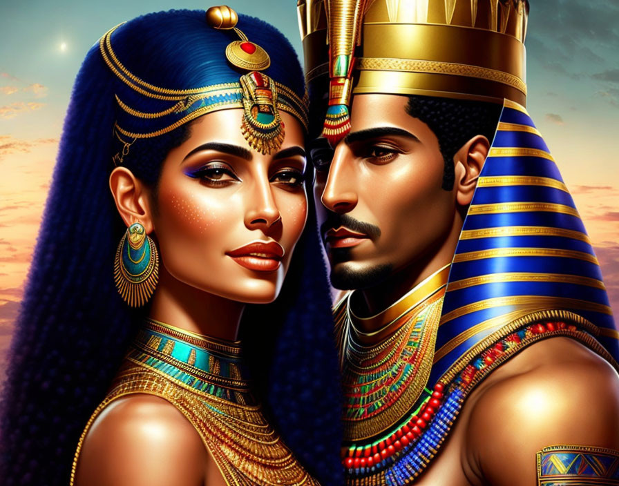 Ancient Egyptian queen and king with elaborate headdresses and jewelry against sunset sky