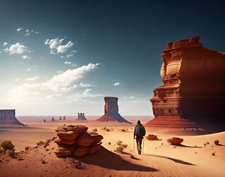 Person in Jacket Walking Towards Red Sandstone Formations in Desert