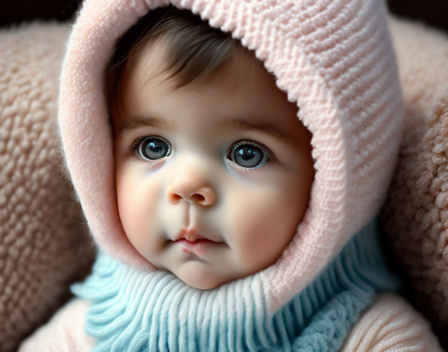 Baby with Big Blue Eyes in Pink Hood and Blue Sweater