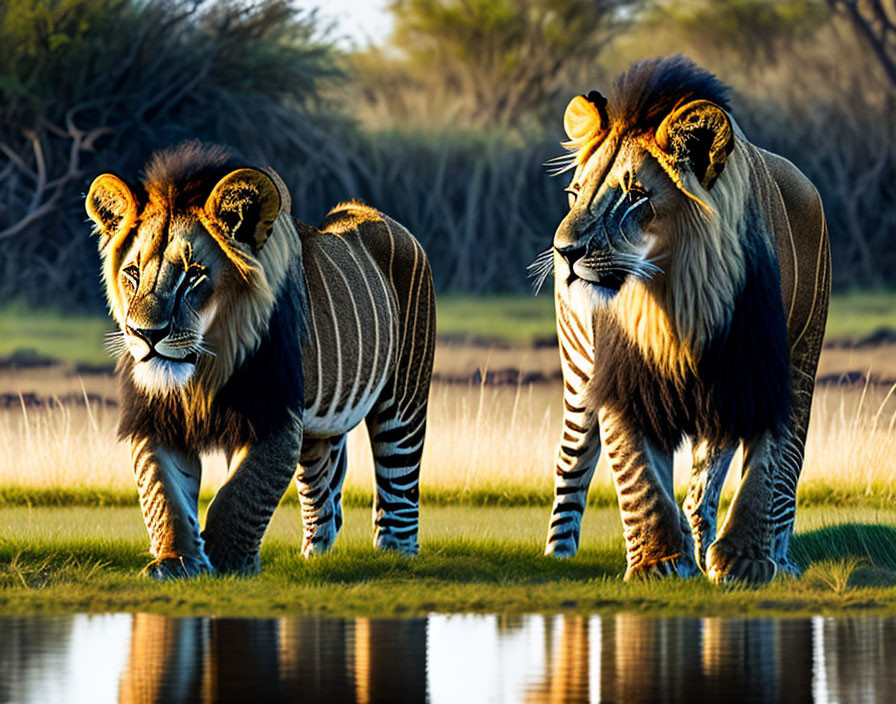 Digitally altered lions with zebra-like stripes in savanna at golden hour