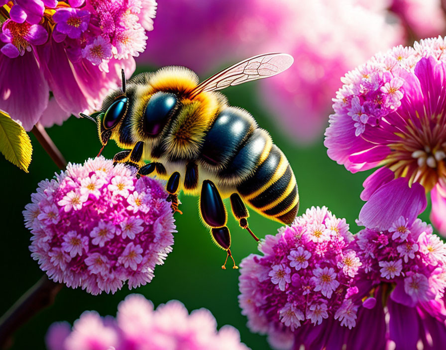 Close-up of a bee pollinating pink flowers with fuzzy body and wings.