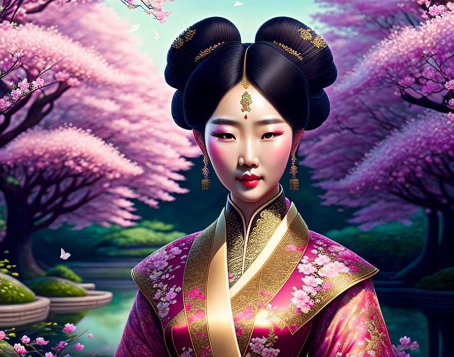 Traditional Asian Attire Woman with Cherry Blossoms Illustration