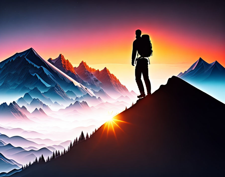 Hiker on Ridge at Vibrant Sunset with Mountain Peaks