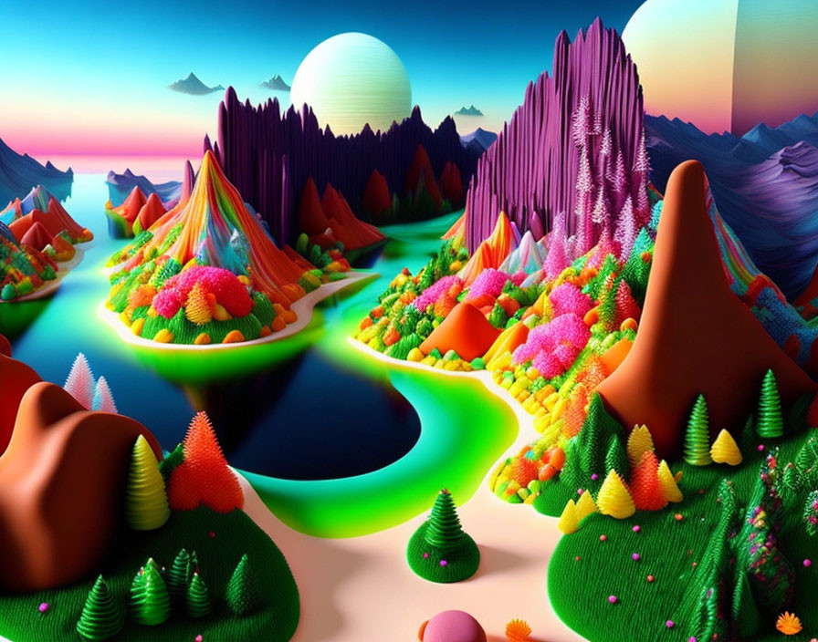 Colorful digital art landscape with multicolored mountains, rivers, and trees under a pastel sky