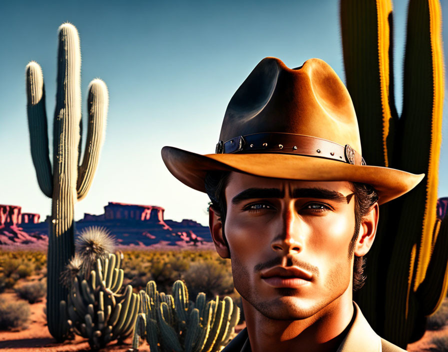 Man in Cowboy Hat with Desert Landscape and Cacti