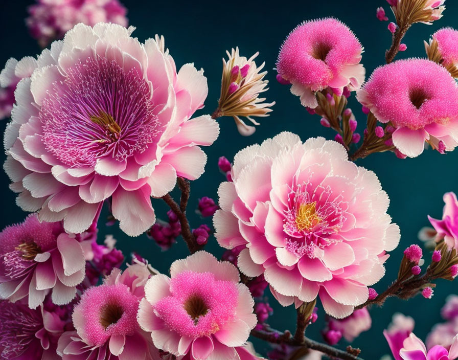 Pink flowers with ruffled petals and yellow stamens on dark blue backdrop