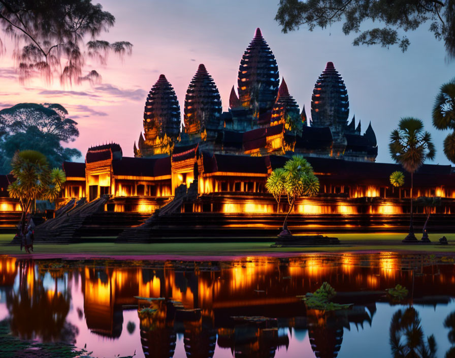 Twilight view of illuminated ancient temple complex with water reflection and silhouetted trees.